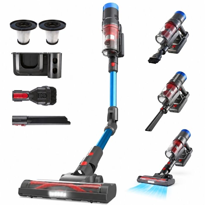 Aspirateur balai sans fil - MONMECD - 400W 45kPa 60min 3 vitesses Pliable Puissante Moquette Sol dur Poils danimaux - Bleu