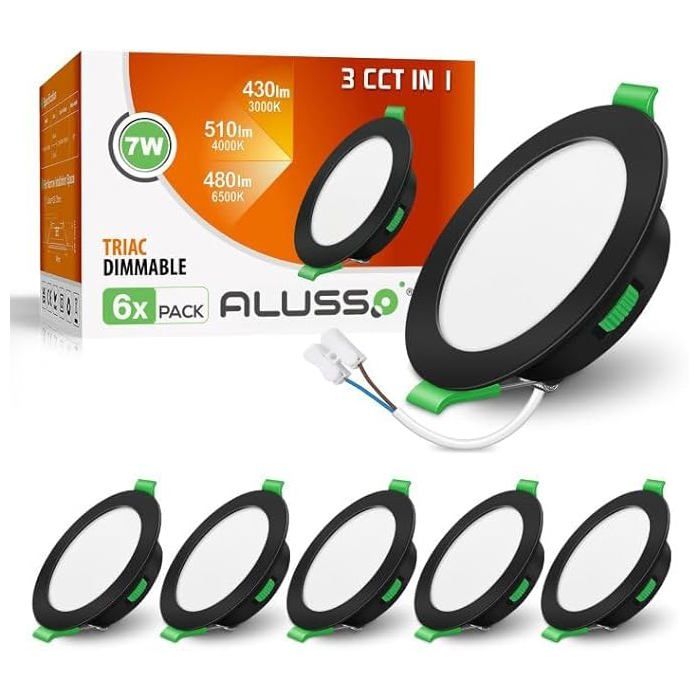 ALUSSO LED Spot Encastrable Noir Plat 7W 510lm Dimmable 3CCT 3000K/4000K/6500K Trou Φ90-100mm éclairage Plafond Encastré Lot de 6