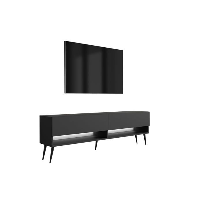 Meuble TV : Noir Mat pieds obliques noirs LED blanche 170 × 32 × 52 cm