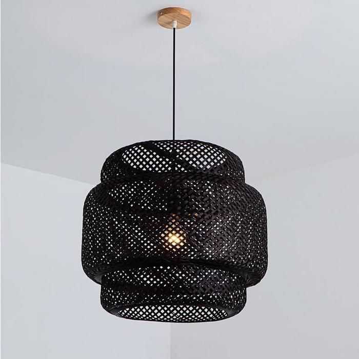 WOTTES Lustre Suspension Luminaire Suspension Bambou Rotin Noir Ø30*35cm 1PCS pour Chambre Salle à Manger Cuisine