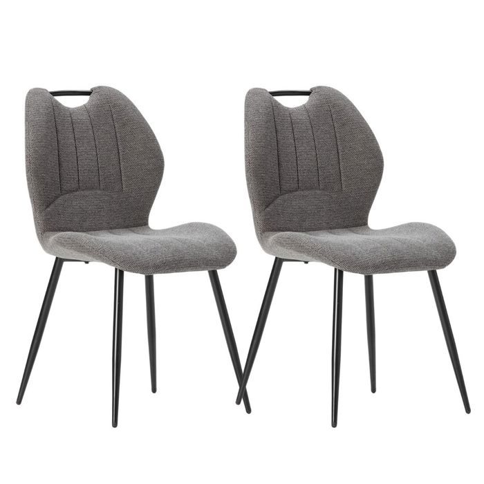 Lot de 2 chaises en tissu polyester maillé gris avec poignée et pieds en métal laqué noir - MILDA Lot de 2 chaises en tissu polyester maillé gris avec poignée et pieds en métal laqué noir - MILDA
