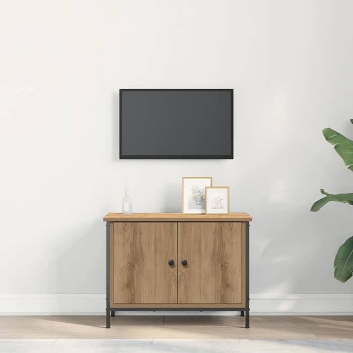 Meuble TV en bois dingénierie - WIENS - Chêne artisanal - 60x35x45 cm - 2 portes - 1 étagère - Style Scandinave Moderne
