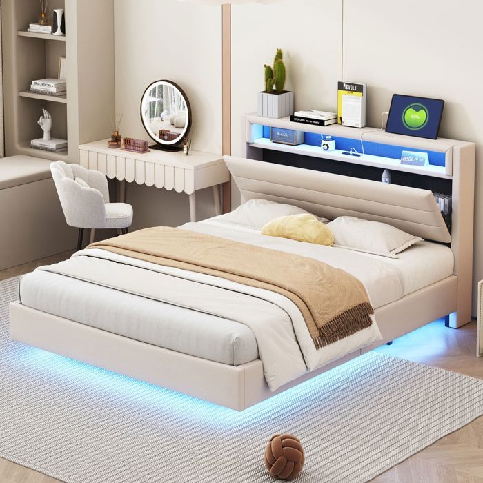 Lit capitonné 140x200 Interface USB lit double Lumières LED Tête lit relevable pied lit dissimulé rangement
