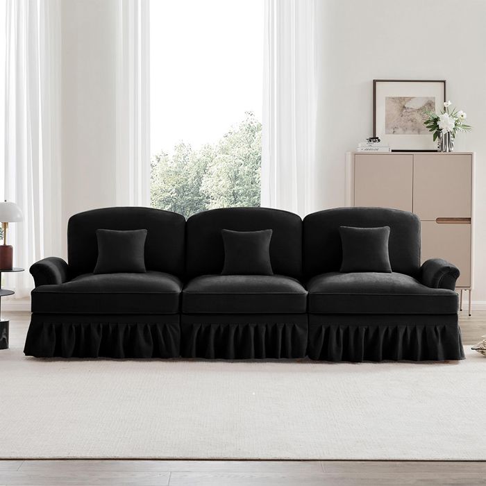 Canapé 3 places Chenille noir Accoudoirs évasés Volant amovible — free download