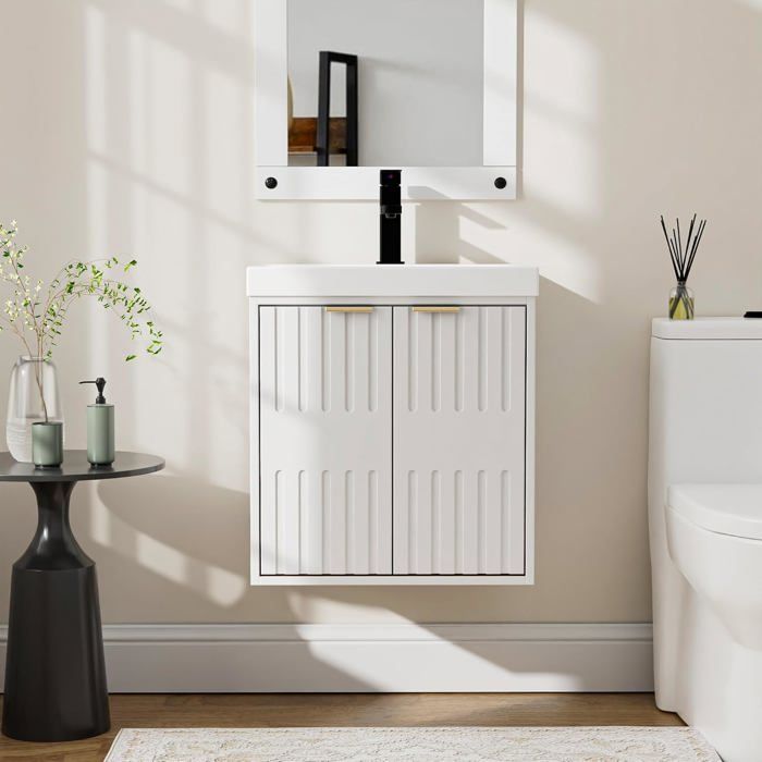 GOOBUY Meuble-Lavabo Suspendu Meuble Lave-Mains Mural Poignées Métalliques Motif de Ligne Lavabo en Résine 50x38x55cm Blanc