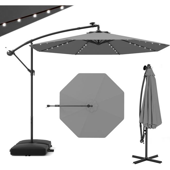 GIANTEX Parasol de Jardin Extérieur avec Pied - 3x3M - 40 Lampes Solaires - Inclinable - Manivelle - 8 Baleines - UPF50+ Gris