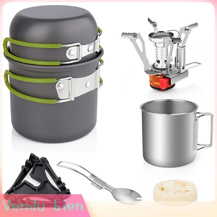 Garosa Batterie de cuisine de camping Camping Cookware Set With Folding Camping Stove Pot Pan Set With sport moustiquaire Vert