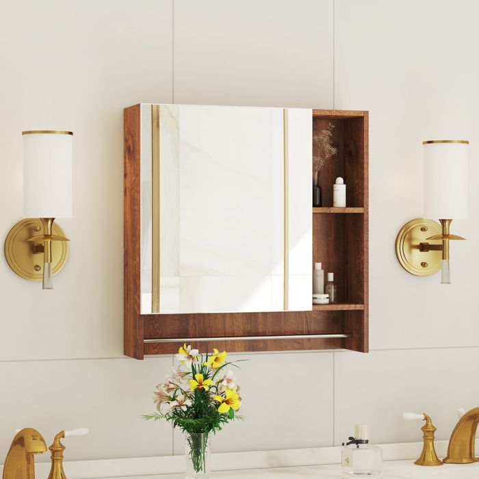Armoire Murale Salle de Bain - BELLEMAVE - Meuble Salle de Bain avec Porte Miroir Rangement & Porte-serviettes - Noyer