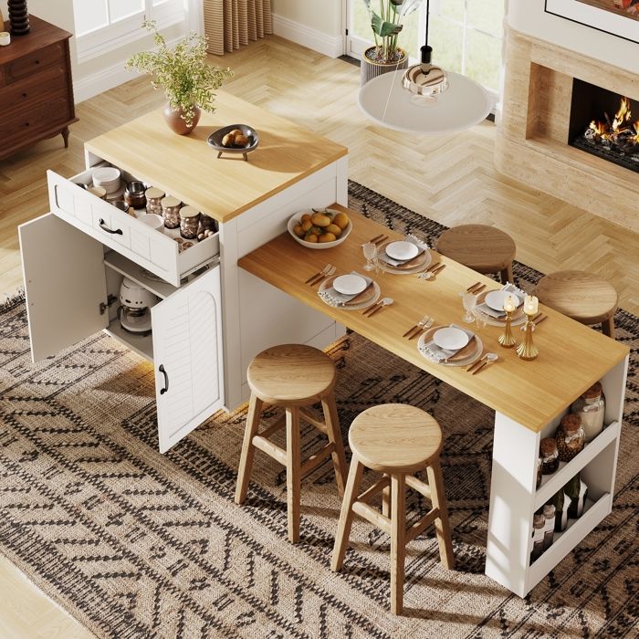 Table Haute Extensible CuisineAvec 2 tiroir & 4 PortesTable bar avec bande LEDÎlot Cuisine Fixe60-113×70×955cmBlanc