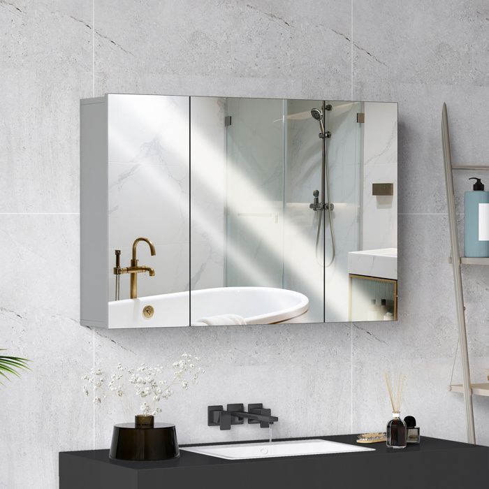 Armoire murale de salle de bain avec 3 portes miroir et étagères réglables en MDF Gris dim. 90L x 15l x 60H cm
