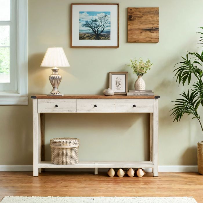 Console Table dEntrée avec 3 Tiroirs et Étagère de Rangement pour Entrée Salon Style Campagnard Marron et Blanc Console Table dEntrée avec 3 Tiroirs et Étagère de Rangement pour Entrée Salon Style Campagnard Marron et Blanc