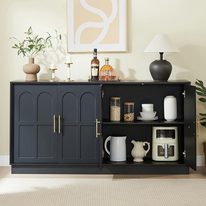 Buffet - 169x40x80 cm - Noir - Façade bombée - Meuble TV multifonction