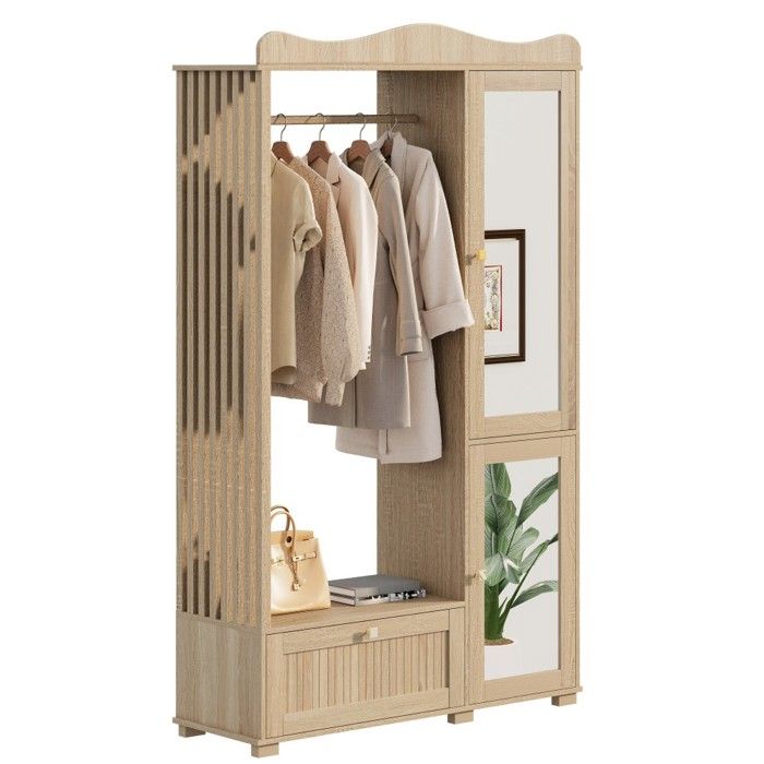 Armoire Chambre Chêne Avec Miroir Penderie Ouverte Tiroir Et 2 Portes Pour Chambre Et Entrée 115.5x38.5x194.5cm Armoire Chambre Chêne Avec Miroir Penderie Ouverte Tiroir Et 2 Portes Pour Chambre Et Entrée 115.5x38.5x194.5cm
