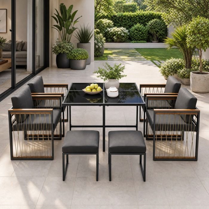 Ensemble Table et Chaises de Jardin 7 Pieces 6 Personnes Verre Trempe - ELVMI - Coussins amovibles Noir 117 × 117 cm