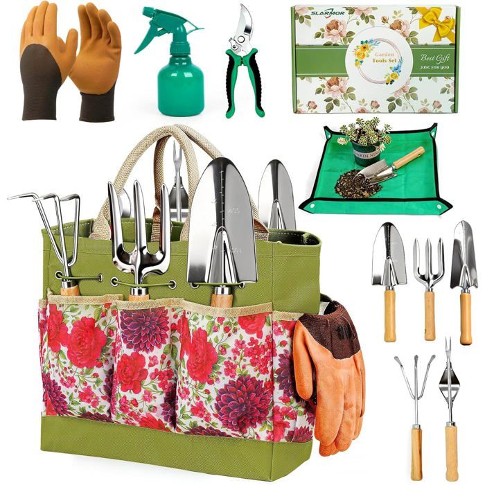 Kit doutils de jardinage - EVERWOL - 10 pièces - Acier inoxydable - Sécateur inclus - Gants de jardinage