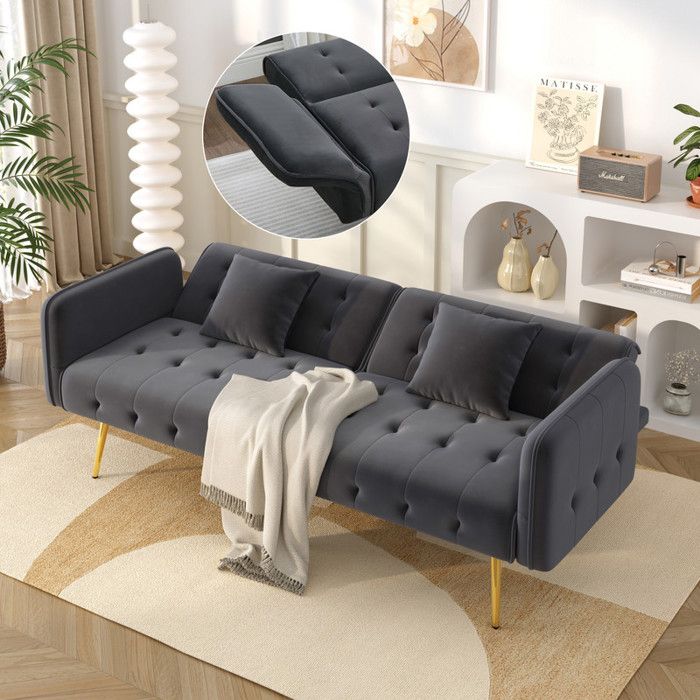 Canapé lit avec fonction lit Couchage spacieux Canapé 2 places pliant avec dossier réglable et accoudoirs Velours Gris