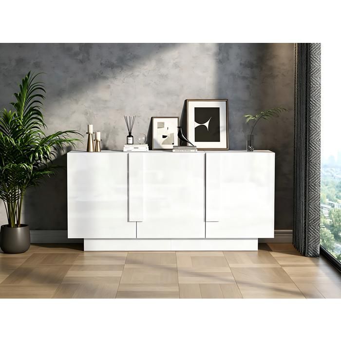 Buffet salon - PAGE Living - 160 x 35 x 60 cm - 3 portes - Brillant blanc
