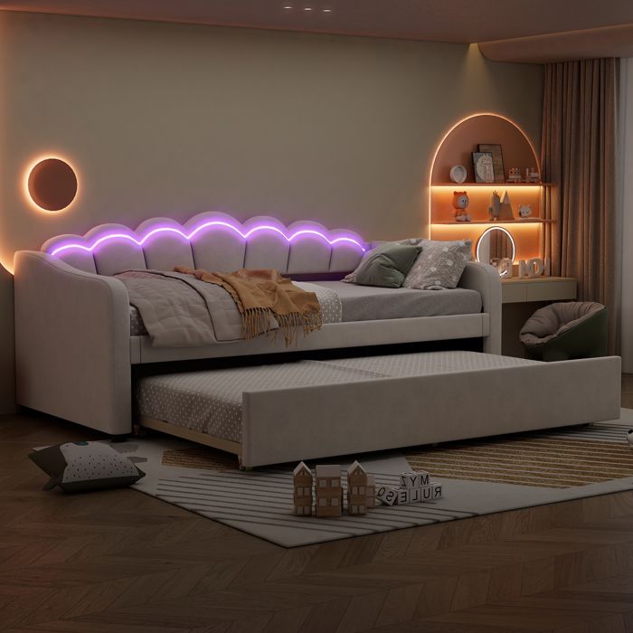 Lit gigogne 90 x 190/200 cm - Éclairage LED Canapé-lit et espace de rangement - Sommier à lattes - Velours - Beige