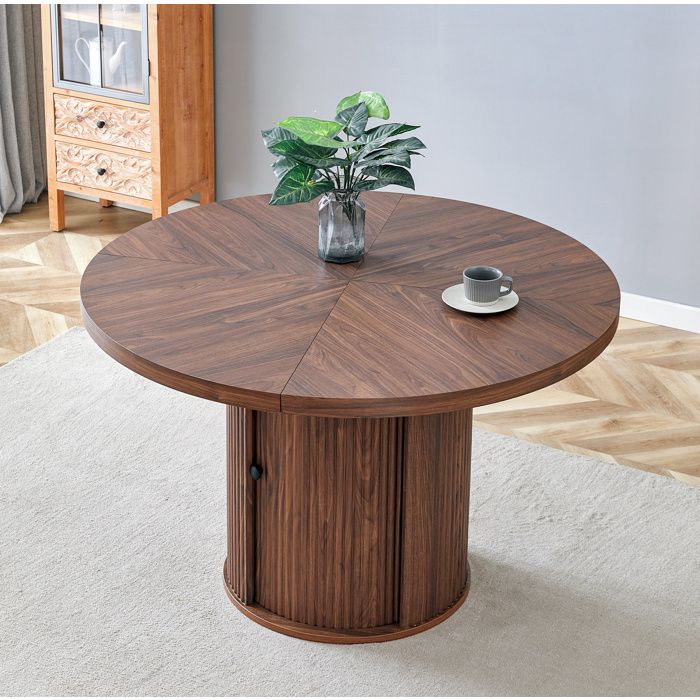 Table à manger ronde 115 cm avec rangement effet bois noyer piètement colonne 4 à 6 personnes
