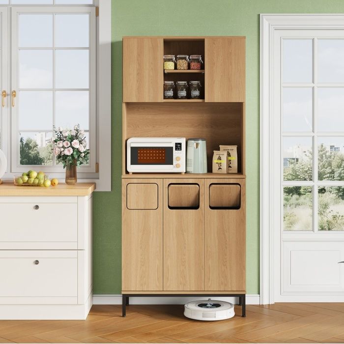 Buffet de Cuisine 80x35x181cm - Meuble Poubelle à 3 Compartiments - Espace Micro-ondes & Aspirateur Robot - Chêne Naturel