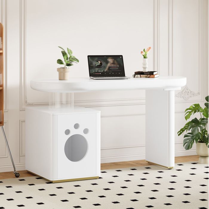 Bureau droit avec niche intégrée blanc laqué MDF bords arrondis 117 x 50 x 76 cm design contemporain ORVRYN