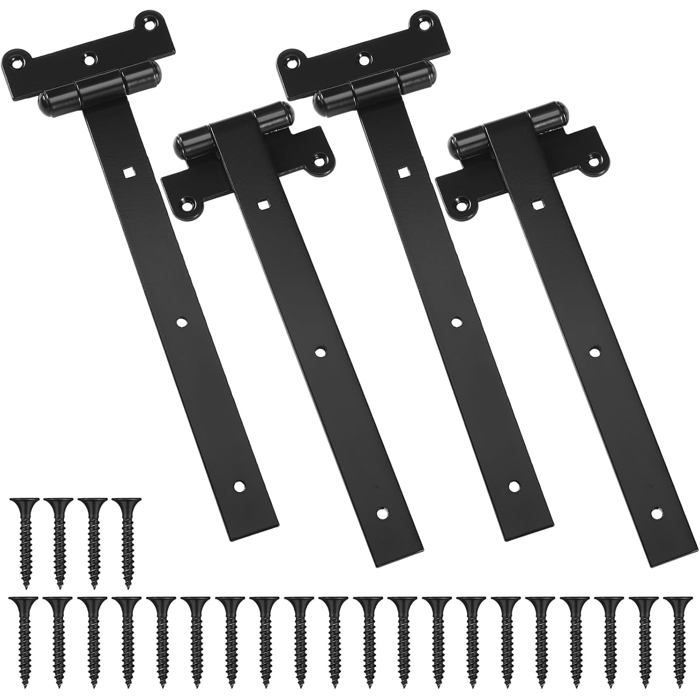 Lot de 4 charnières de portail en T 30 cm acier carbone noir mat rotation 180° avec 24 vis pour porte et clôture