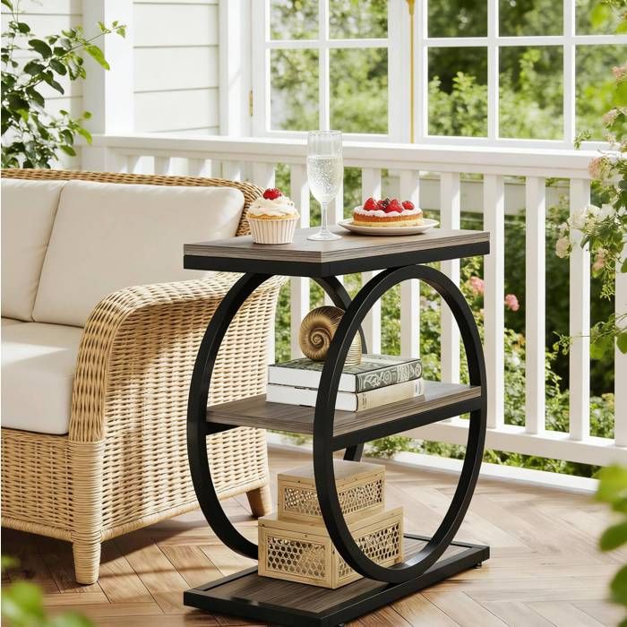 WOVREO Table dappoint 3 étagères 60 x 30 x 65 cm bout de canapé en MDF et métal noir et gris