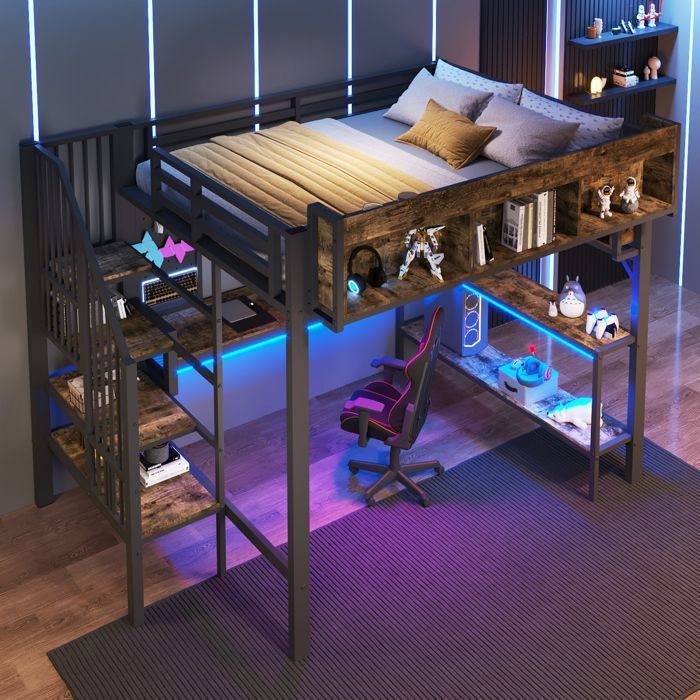 Lit mezzanine - SOGEU - 140x200 cm bureau dangle - Escalier rangements - LED multicolore - Bois & métal