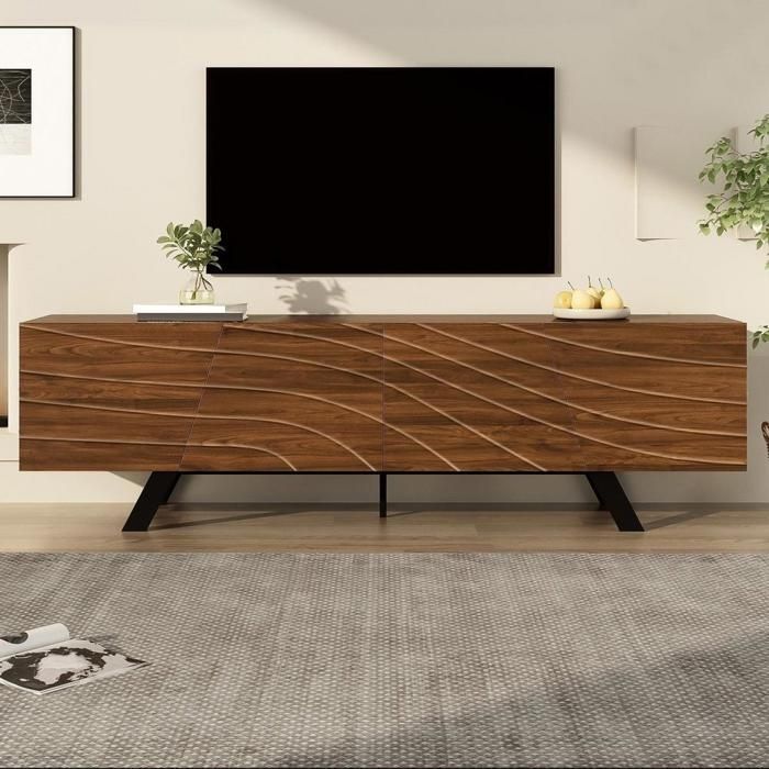 Meuble TV - KOMHTOM - moderne - 160x39x50.5 cm - effet noyer - pieds métal noir Meuble TV - KOMHTOM - moderne - 160x39x50.5 cm - effet noyer - pieds métal noir