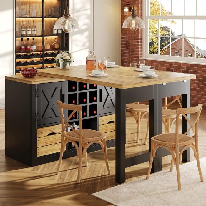 Table à manger extensible avec buffet 120-197x40x72 cmplateau pivotant 360°tiroirporte-bouteilles amoviblegain de placenoir