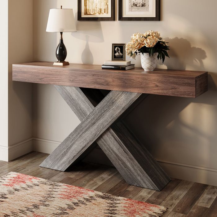 Console Étroite avec Piètement en X et Structure Ouverte - BEAUNIV - Aspect Bois Noyer pour Entrée et Salon 140×30×80 cm