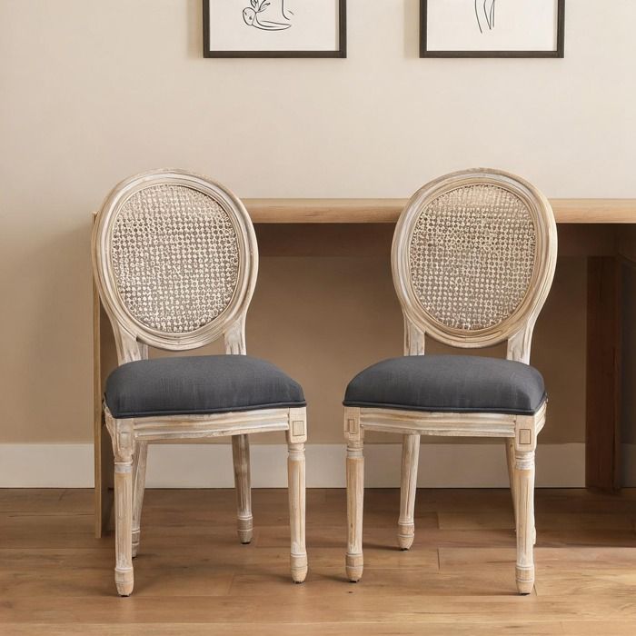 Chaise médaillon Louis XVI lot de 2 bois massif sculpté patiné tissu polyester aspect lin gris