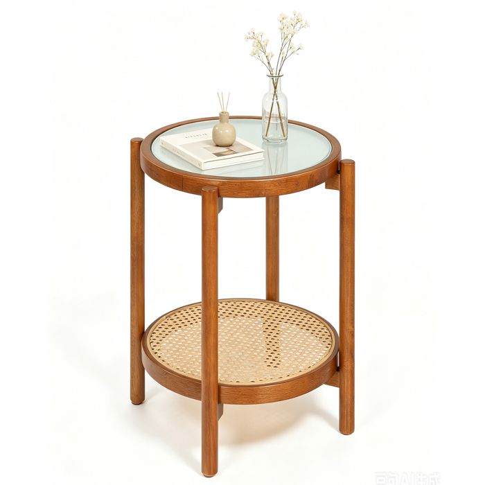 GIANTEX Table Basse Ronde en Bois 2 Niveaux 47 5 X 47 5 X 58 CM Plateau en Verre Dépoli et Étagère en Rotin PE Noyer