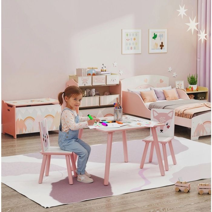Ensemble table et 2 chaises enfant 60 x 60 x 44 cm rose – motif animal laqué