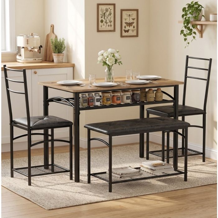 Ensemble table et chaises de cuisine 4 places EVRYAE 100 x 60 cm avec banc rangement intégré style industriel
