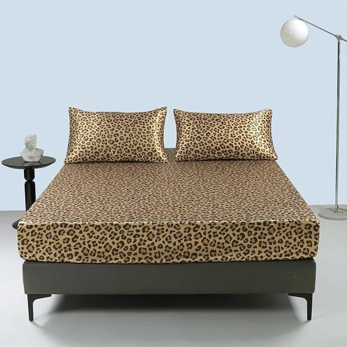 Drap Housse 160 x 200 Satin Imprimé Léopard Doré Bonnet 30 cm Soyeux Brilnt Luxe 160 x 200 x 30 cm IMPRIMé IéOPAR HOUSSE DE COUETTE