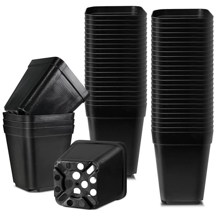 50 Pots à Semis Carrés 6x6x6,5 Cm - Pots Fleurs Intérieur/extérieur Avec Trous Drainage - Noir