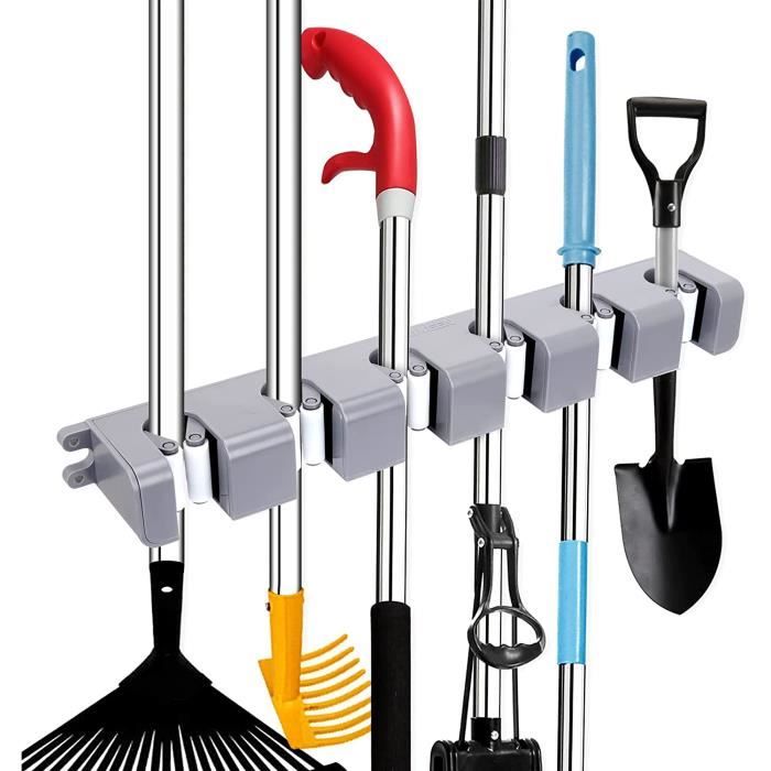Cyiecw Accroche Balai Mural Porte – Support 6 Positions Bois Et Acier Inox, Installation Sans/Sur Perçage, Gain De Place