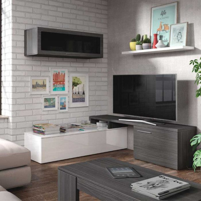 meuble tv modulable angle blanc/gris cendre - xuns - gris - bois - banc tv : l 200 x l 41 x h 44 cm- module supérieur : l 105 x l 3