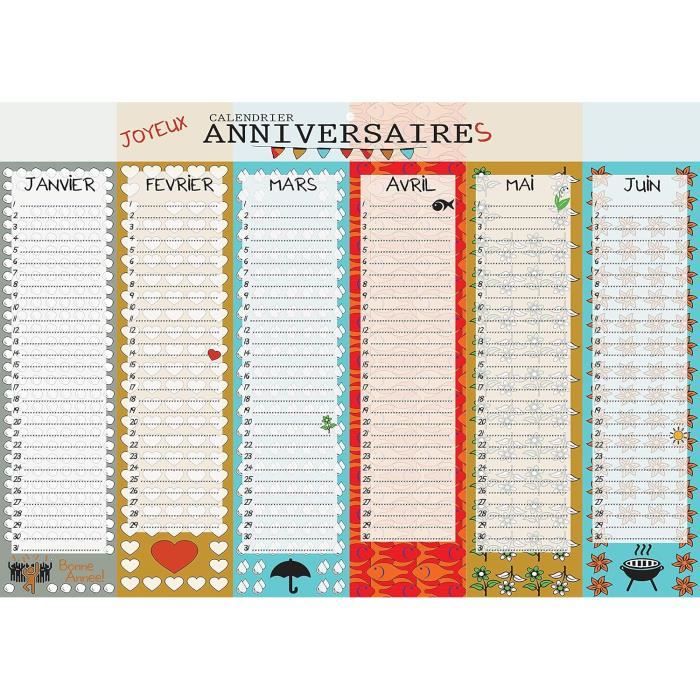Calendrier Anniversaire Perpétuel - A3 (30x42cm) - Inscriptible - Design Coloré - FR