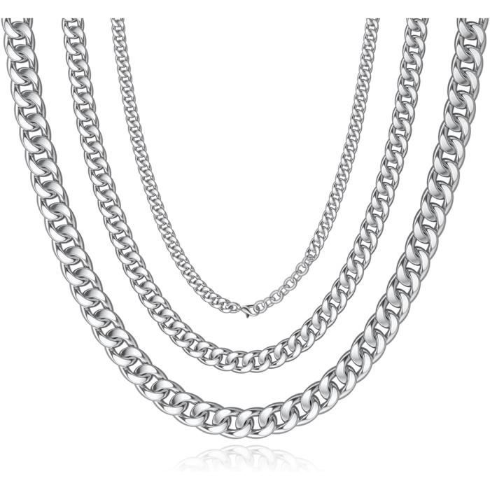 2 Chaînes Acier Inoxydable ZAMXHUG - Collier Cubain 60 Cm Et Bracelet 21 Cm, Maille Byzantine, Pour Homme, Cadeau Style Punk/streetwear