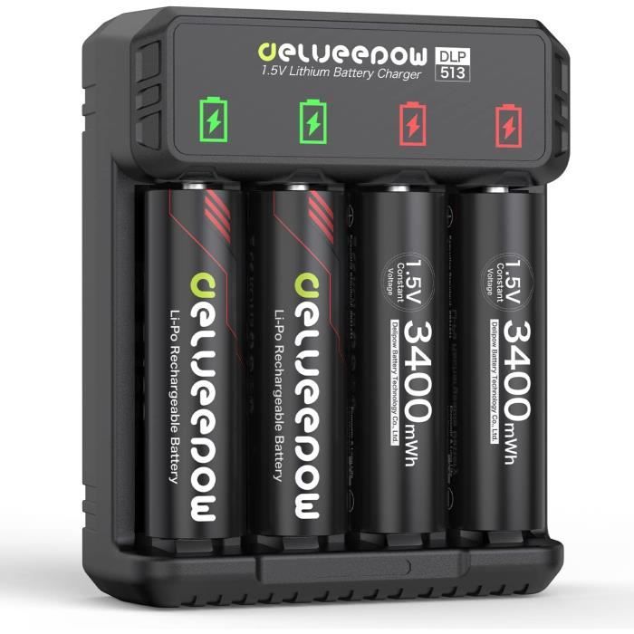 Piles Rechargeables AA Lithium 1,5V 3400mWh,4 Pile Rechargeable AA avec Chargeur 1500 Cycle