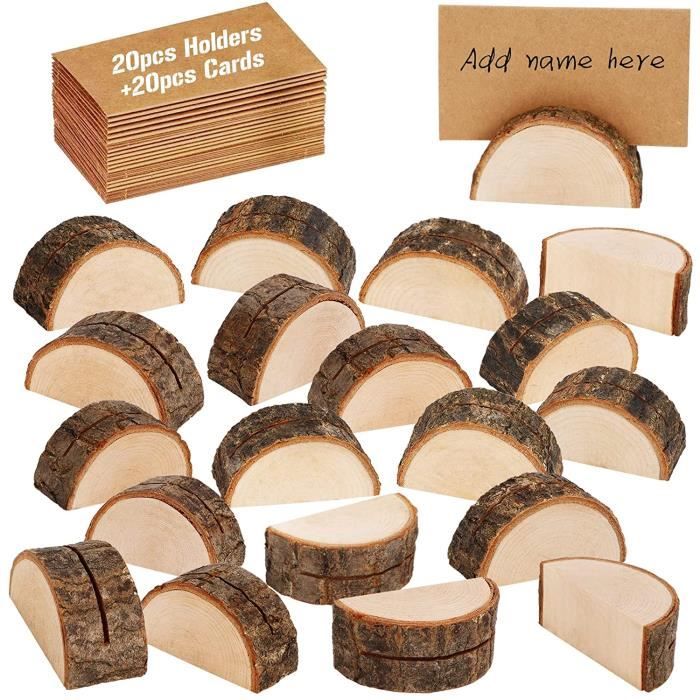 Aisamco Lot De 20 Supports Photo En Bois Naturel + 30 Cartes Kraft - Mariage, Anniversaire, Décoration Table