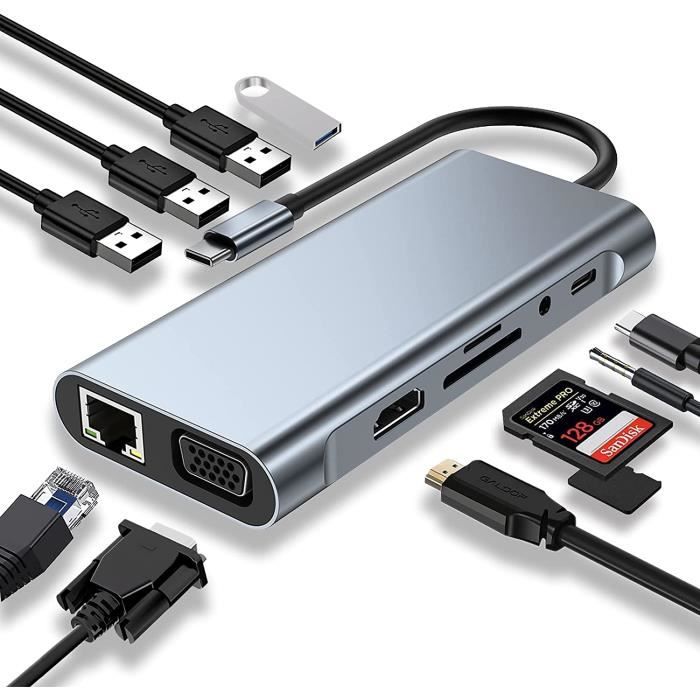 HUB USB C, Adaptateur USB C 11 en 1 avec 4K-HDMI, VGA, USB 3.0, Type C PD,  Ethernet RJ45, Lecteur de Carte SD - TF, AUX 3,5 [205] - Cdiscount  Informatique