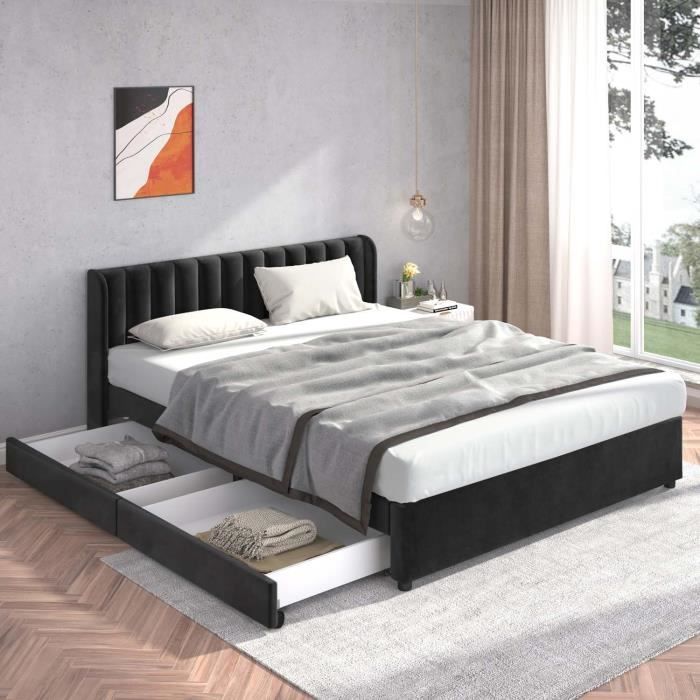 Lit avec sommier Velours FLAYAT 180 x 200 cm Noir