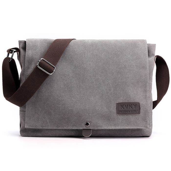 sac besace homme bandouliere vintage en toile pour voyage loisir bureau quotidien ecole - gris