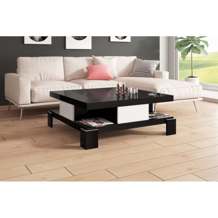 table basse design 4 tiroirs 104 x 104 x 40 cm - noir/blanc