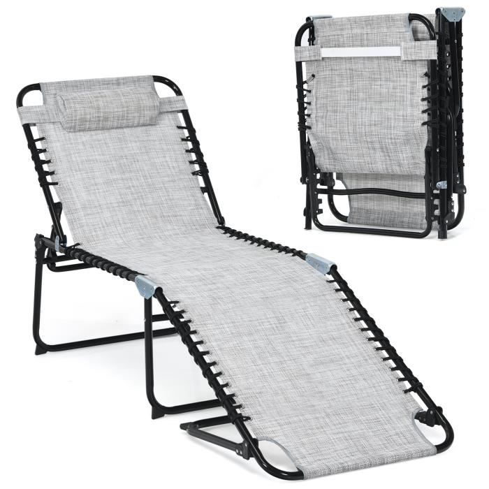 costway chaise longue pliante avec appuie-tête amovible dossier réglable à 4 positions acier antirouille pour camping terrasse, gris