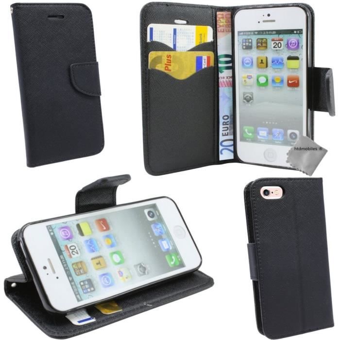 Housse etui portefeuille avec coque intérieure en silicone pour Apple iPhone SE (2022) + verre trempe - NOIR - NOIR