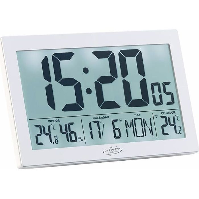 Horloge Radio-Pilotée Infactory - écran LCD Grands Chiffres + Thermomètre - Pose Ou Murale